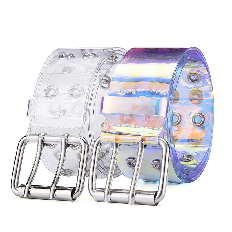 

2021 Transparent Two Row Pvc Belt Women Fashion Laser Invisible Square Pin Buckle Multihole Dazzling Belts Ladies Waistband