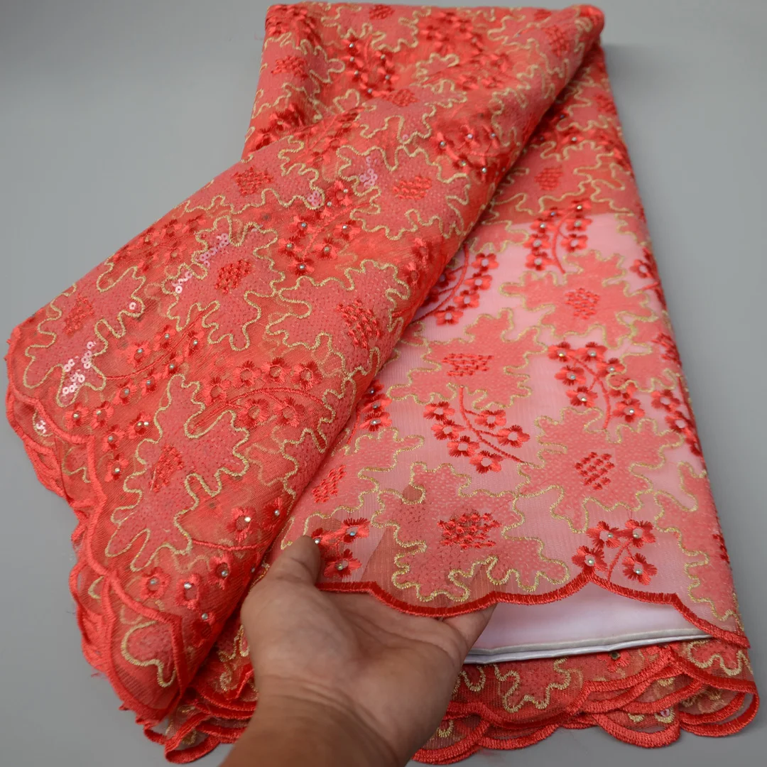 

(5 ярдов/шт.) Высококачественная вышитая африканская тюль с блестками кружевная ткань с камнями кораллово-красная французская сетчатая кружевная ткань для вечеринки FLP289