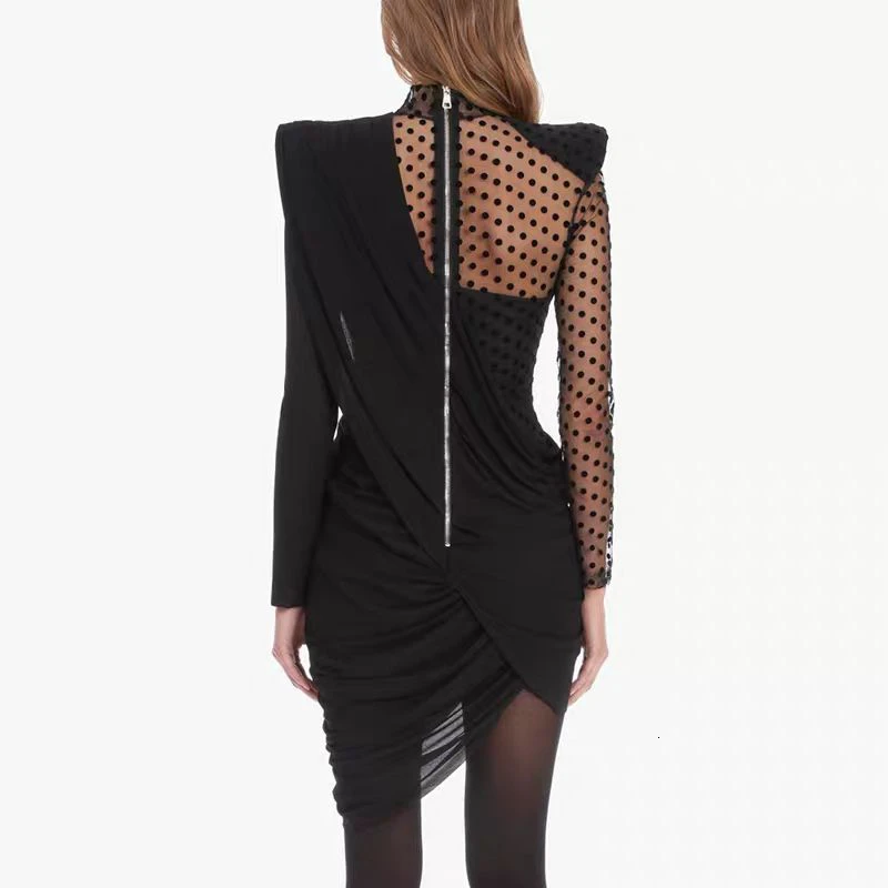 

Dot Mesh Dress Asymmetrical High Waist Sexy Sheer Ruched Dress