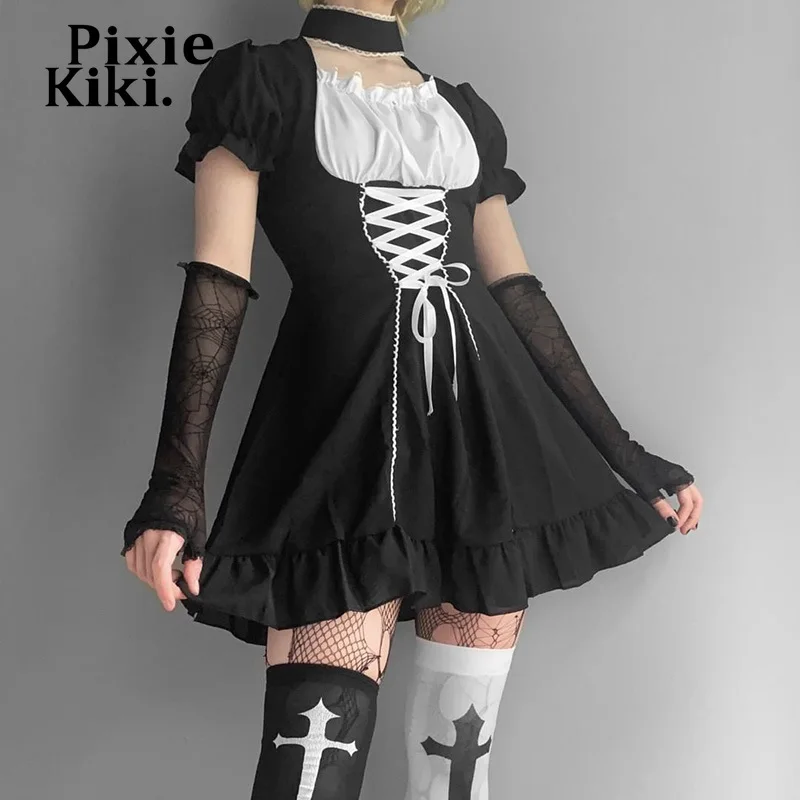 

PixieKiki Dark Kawaii Lolita Dress Black Lace Up Puff Sleeve Short Dresses for Women Alt Fashion Harajuku Outfit P80-DG30