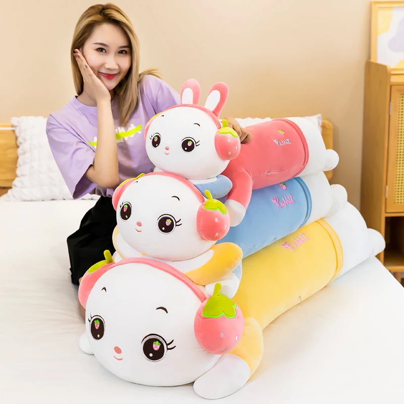 

New 140cm Strawberry Bunny Pillow Plush Toy Headphones Ping Ping Rabbit Doll Doll Long Pillow Sleeping Bed Girl Big