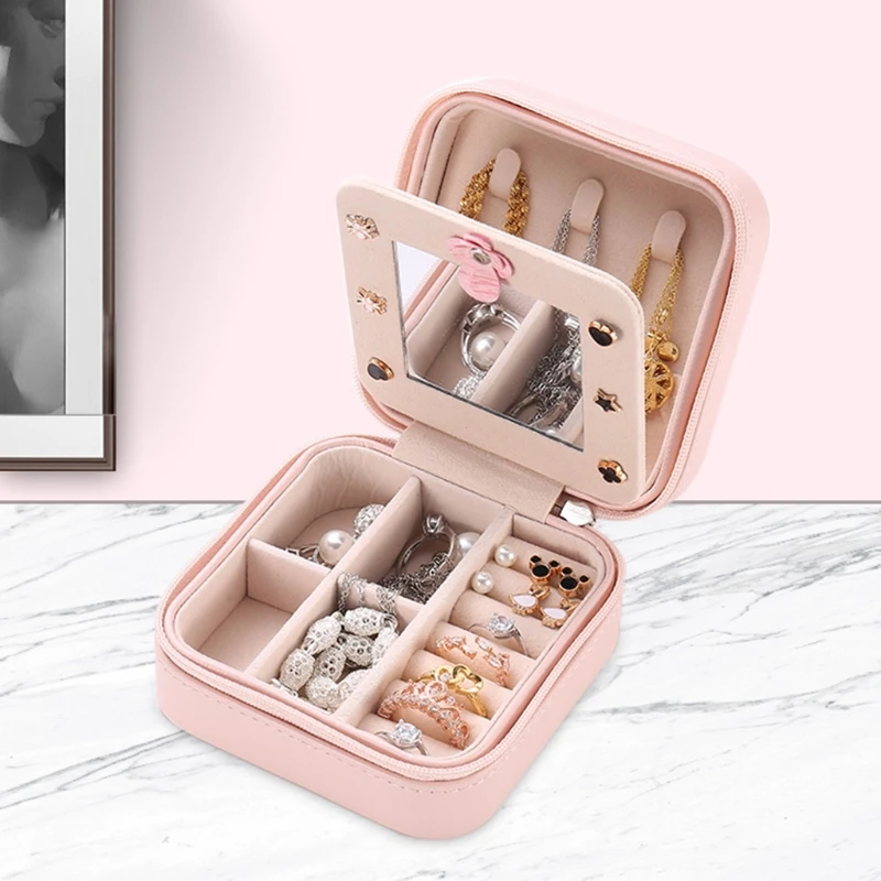 

Protable Leather Jewelry Box Organizer Display Necklace Zipper Storage Case Gift