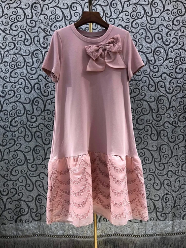 High Quality Cotton Dress 2021 Summer Style Women O-Neck Bow Decco Short Sleeve Knee-Length Casual Long T-Shirt Dress Pink White