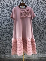 high quality cotton dress 2021 summer style women o neck bow decco short sleeve knee length casual long t shirt dress pink white