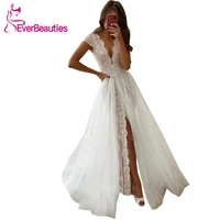 robe de mariee beach wedding dresses 2020 plunging cap sleeved lace slit bridal dress vestido de noiva