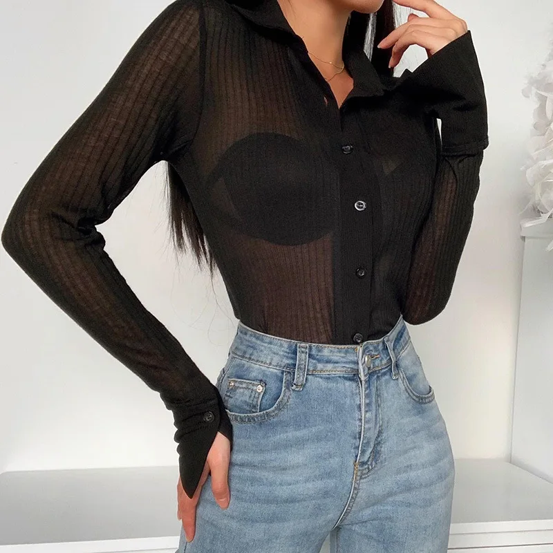 

2020New sexy long-sleeved transparent tulle black and white stretch women's blouse commercial. Party
