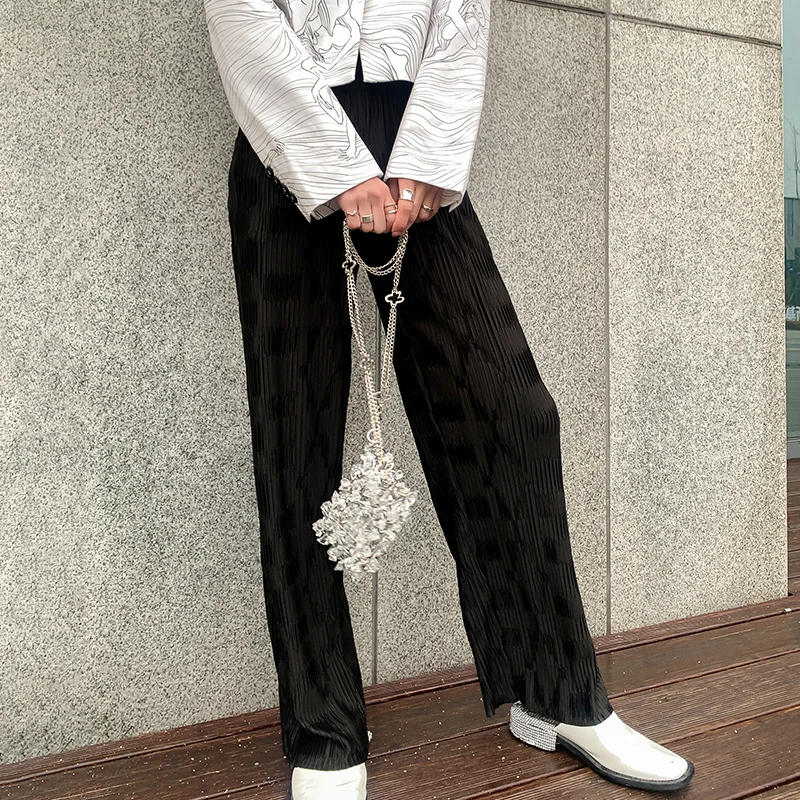 SHENGPALAE Fashion Crumple Trousers Women's Spring Summer 2021 New High Elastic Waist Straight Loose Green Pants Female Tide