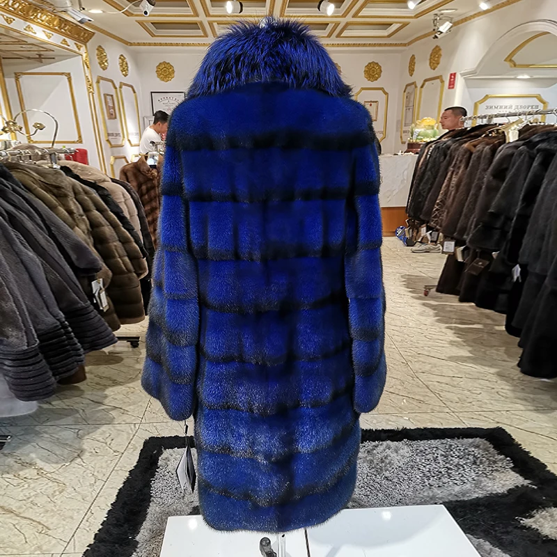 Модное синее пальто с большим меховым воротником из лисьего меха популярное
