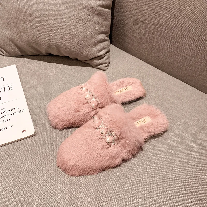 upscale genuine rabbit hair mules sliders flats women winter warm long fur pearl crystal slippers soft bottom non-slip flipflops | Обувь