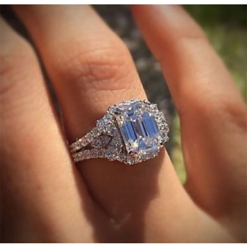 Квадратные Серебряные кольца принцессы с цирконием и кристаллами Свадебные