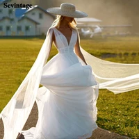 new vintage beach wedding dress boho v neck a line bride gowns backless sexy plus size 2021 bridal dress with shoulder train