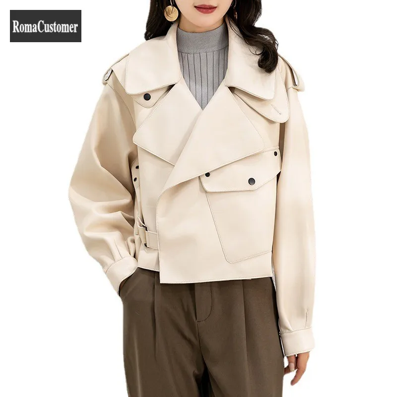 

Genuine Leather Biker Jackets Womens 2022 Autumn New Loose Short Turn-Down Collar Elegant Solid Fashion Casual Outerwear