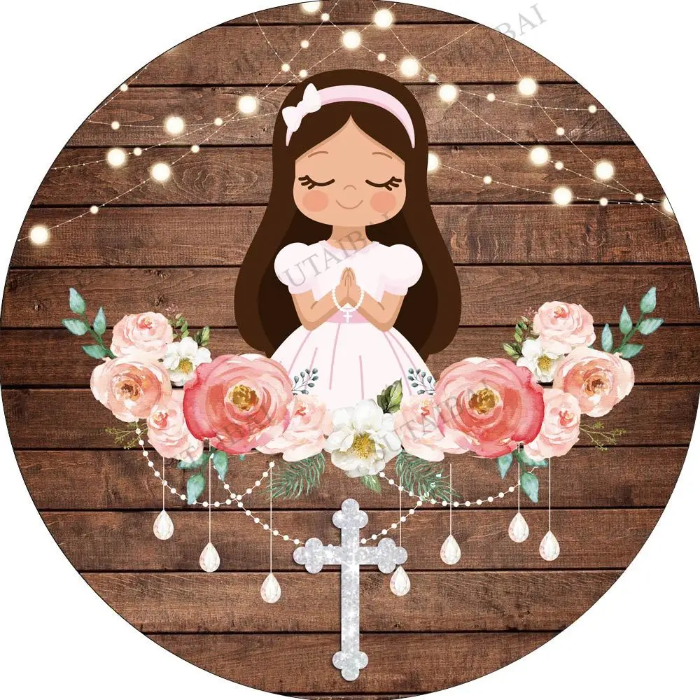 

Girl My First Communion Decoration Round Backdrop Cover Brown Wood Board Cross Flowers Photo Background Circle Poster Vinyl