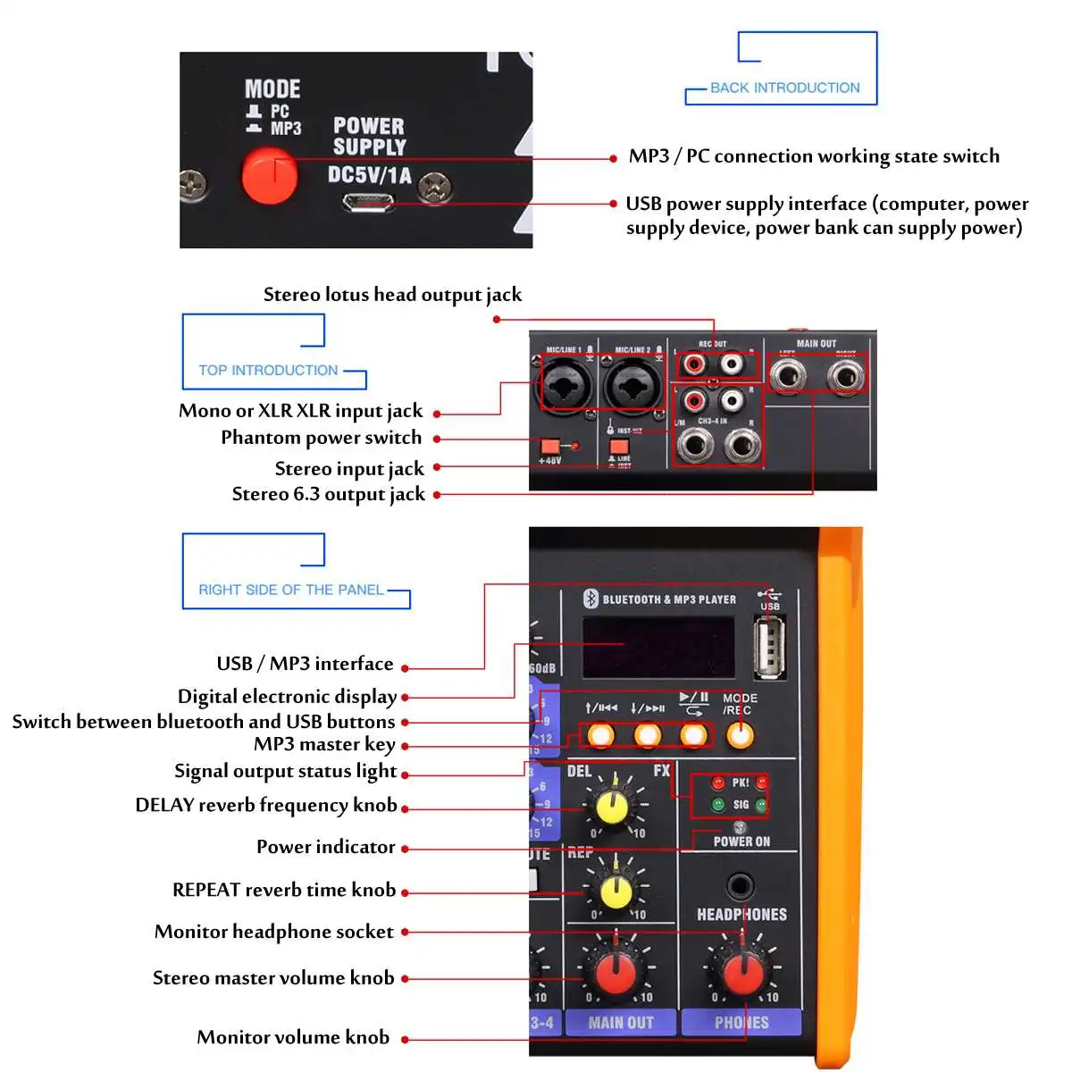 4 канальный bluetooth цифровой микрофон звуковой Миксер с USB диджейский микшерный