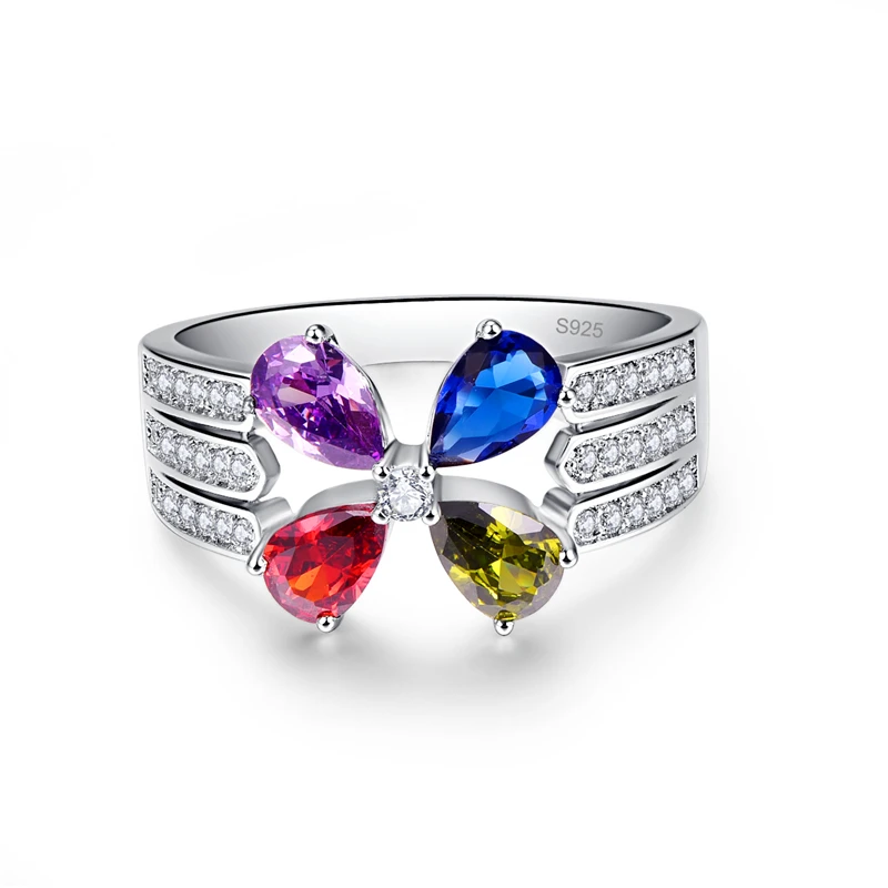 BONLAVIE Luxurious 4 Colors Flower Rings for Women Wedding Jewelry 925 Sterling Silver Water Drop Blue Yellow Purple Red Crystal | Украшения