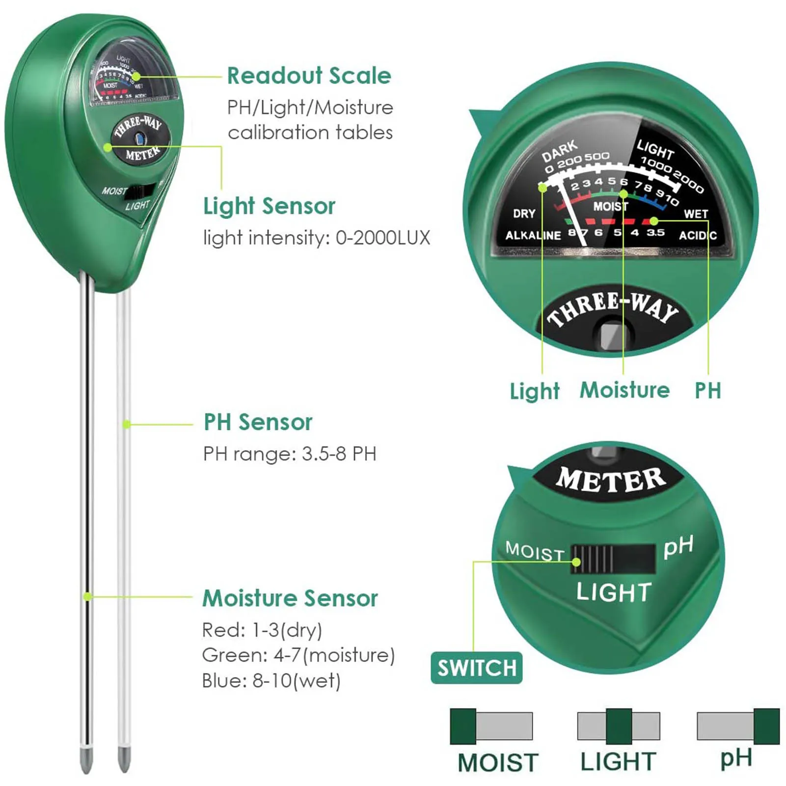 3in1 почвы влаги рН метр кислотность влажности от солнца светильник PH Тесты