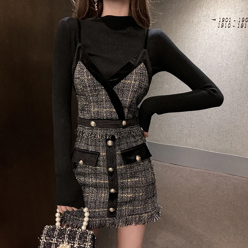 

New Fashion Fall Winter 3-piece Set Women Long Sleeve Knit Top + Sexy Vest + Plaid Tassel Tweed Mini Skirt Suit Female Clothes