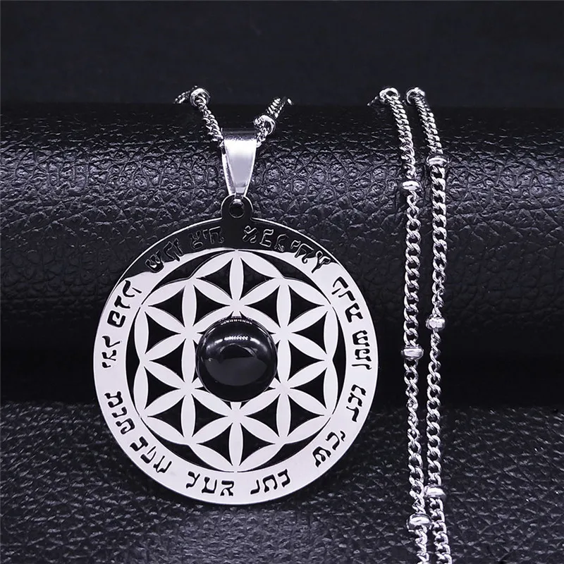 

Stainless Steel Natural Stone Boho Buddhist Yoga Sanskrit Flower of Life Necklace Women Silver Color Jewelry bijoux femme NXH47S