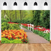 yeele spring natural scenery forest flowers brick road photography backdrop photographic decoration backgrounds for photo studio