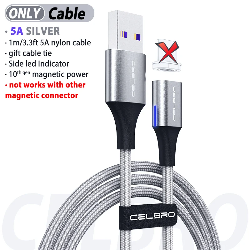 Only Silver Cable 5А Магнитный usb type-C кабель для huawei mate 30 20 P30 P20 Pro Lite USB-C магнит Быстрая зарядка type C зарядное устройство type-c шнур для передачи данных - Цвет: Only Silver Cable