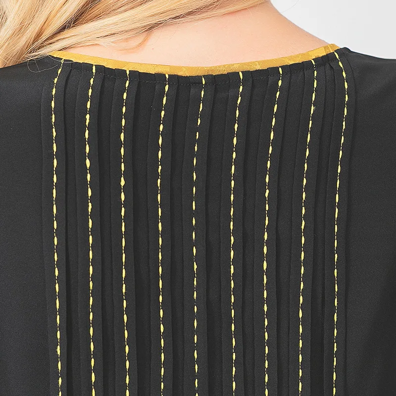 

VOA Elegant Black Summer Women's Dress 2021 36m/m Silk Dresses Solid Craft Round Neck Short Sleeve Party Dresses A10666