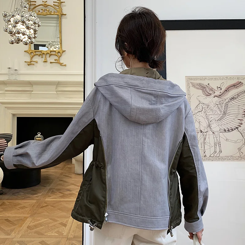 

JCHB 2021 small jacket stitching Sheepskin leather leather short women's hooded spring new Haining Leather jacket loose