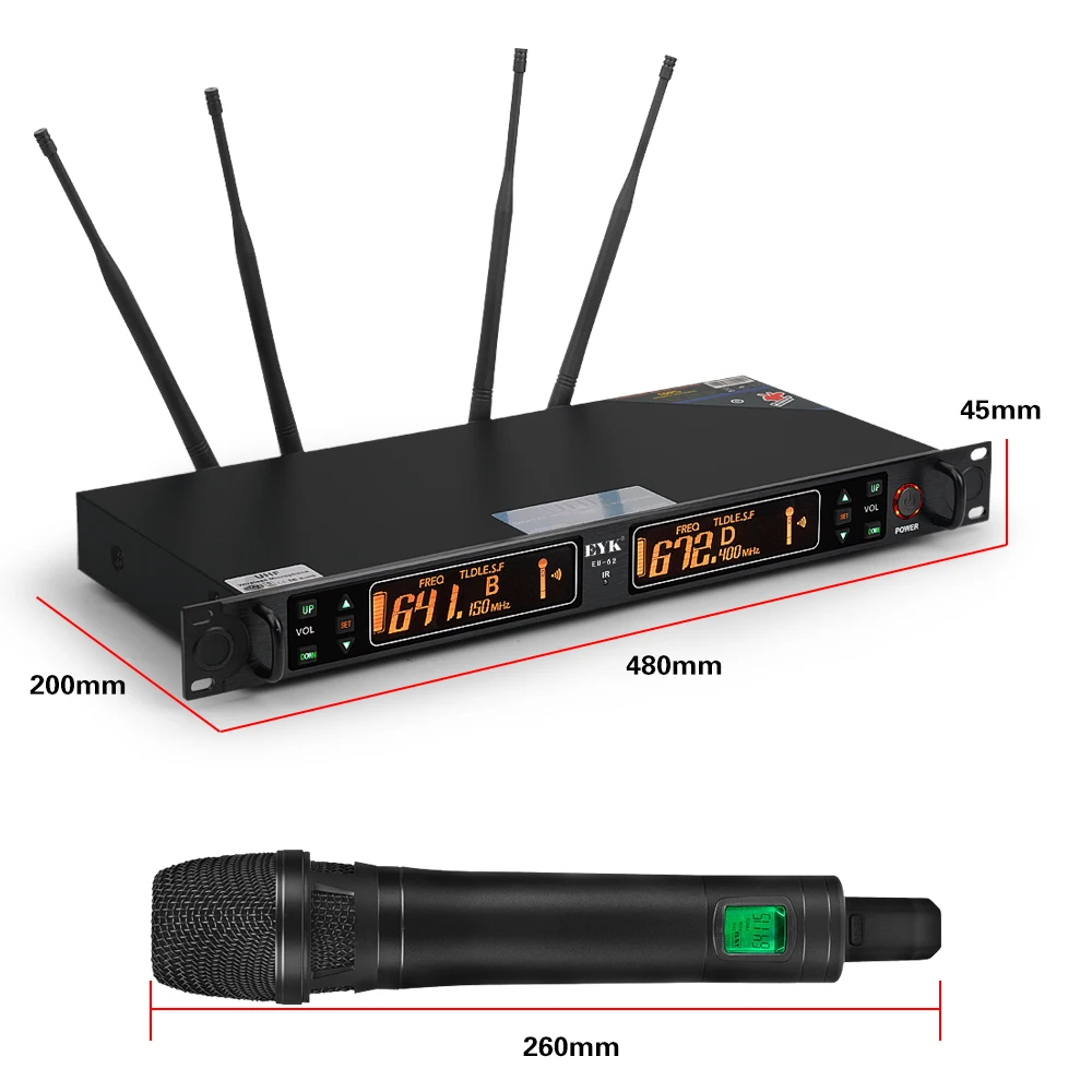 Портативный UHF беспроводной микрофон EYK EU 62 True разнообразие 2 2*100 канала