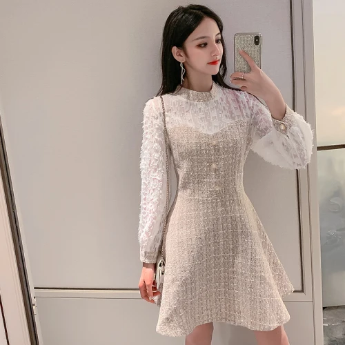 

Korean New 2019 Loose Summer Dress A-line Plaid Patchwork Dress Fashion Single Breasted Casual Stand Vintage Dress
