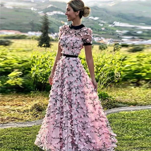 Robe De Soiree, тюлевые вечерние платья с цветами, длинные, с бретелькой через шею, с коротким рукавом, вечерние платья, торжественное платье - Цвет: as picture