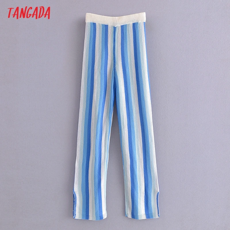 

Tangada 2021 Fashion Women Striped Knit Pants Long Trousers Strethy Waist Female Pants 3W183