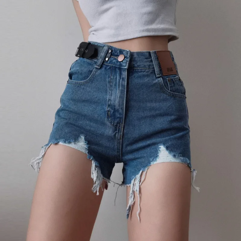 

Женские джинсовые шорты с завышенной талией и бахромой, лето 2021, тонкие Модные женские сексуальные шорты на молнии с пряжкой