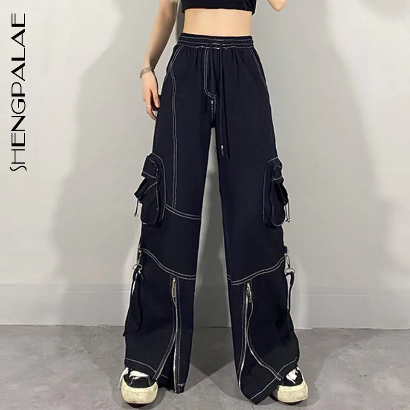 

SHENGPALAE 2021 Autumn Women's Jeans Zipper High Waist Loose Casual Cowboy Cargo Pants Fashion Wide Leg Denim Trousers ZC247