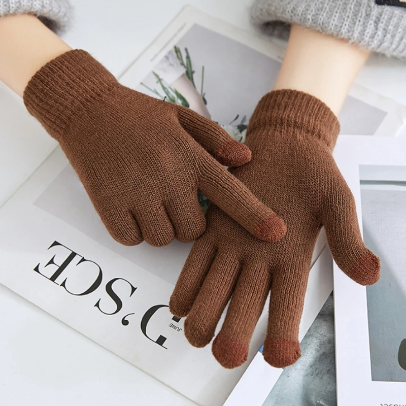 

Unisex Winter Knitted Touch Screen Gloves Solid Color Thick Plush Lined Warm Stretch Windproof Full Finger Mittens