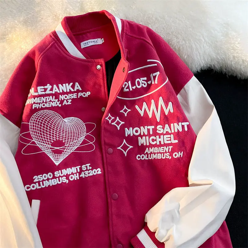 

New Love Embroidery Jacket for Women Retro Stitching Sweet Spring Clothes Women Clothing Fashion Long Sleeved Pink Coat Women