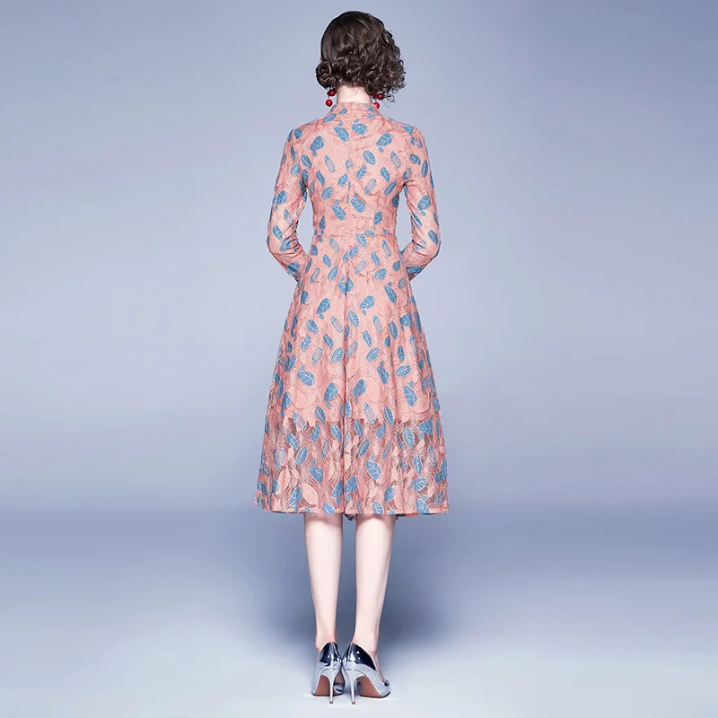 

LUKAXSIKAX 2019 New Spring Autumn Women Long Sleeve Dress High Quality Leaves Pattern Lace Runway Dress Elegant Slim Dress