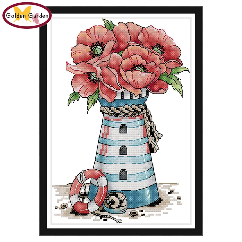 

GG Flowers Lighthouse Counted Cross Stitch 11CT 14CT Embroidery Needlework Kit Joy Sunday Cross Stitch Set Flower for Home Decor
