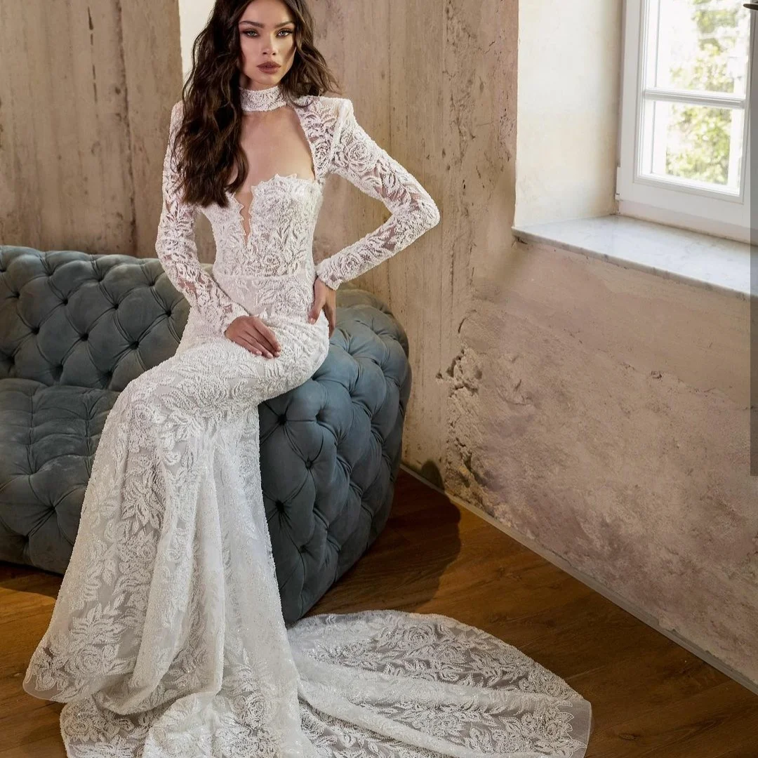 

Elegant Lace Mermaid Wedding Dress Illusion Long Sleeves Sequined Bridal Gowns Saudi Arabic Sweep Train vestido de novia