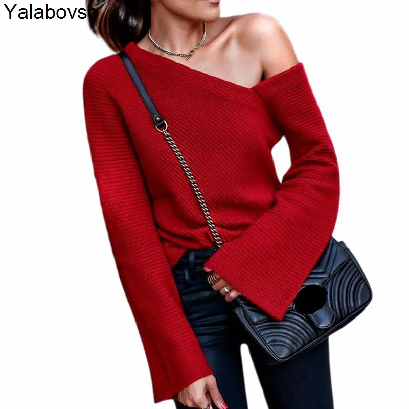 

Knitted Solid Color Tees And Tops Autumn And Winter 2020 Fashion Round Neck Sweaters Long Sleeve Off Shoulder Women's T-shirt