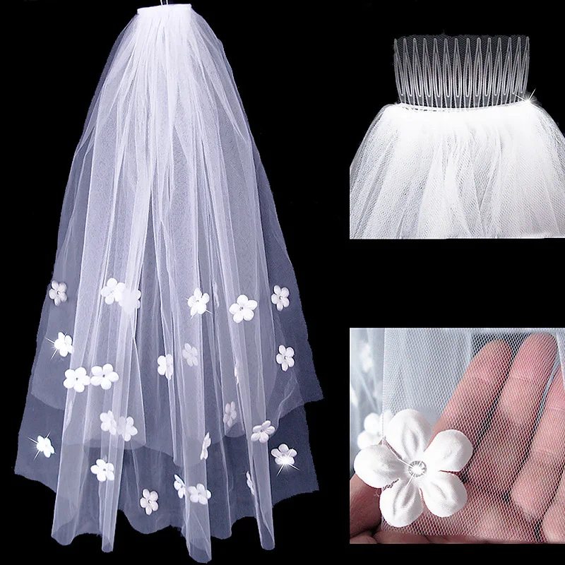 Короткие Свадебные вуали с цветочной аппликацией расческой тюль два слоя