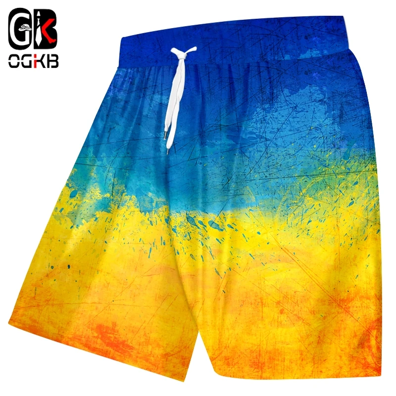 OGKB Новые летние пляжные трендовыми шортами 3D печатные синие желтые чернила