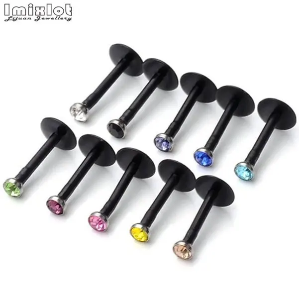 10pcs Black 10 шт./16 шт. набор Белый Черный 16 г акрил CZ Кристалл Лабрет шпилька Монро Бар губ кольцо пирсинг Высокое качество шпильки для губ - Окраска металла: 10pcs Black