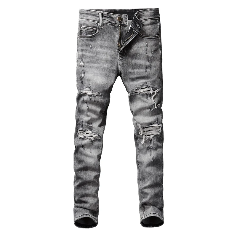 American Street Style Fashion Men Jeans High Quality Retro Gray Elastic Slim Ripped Jeans Men Destroyed Hip Hop Denim Punk Pants