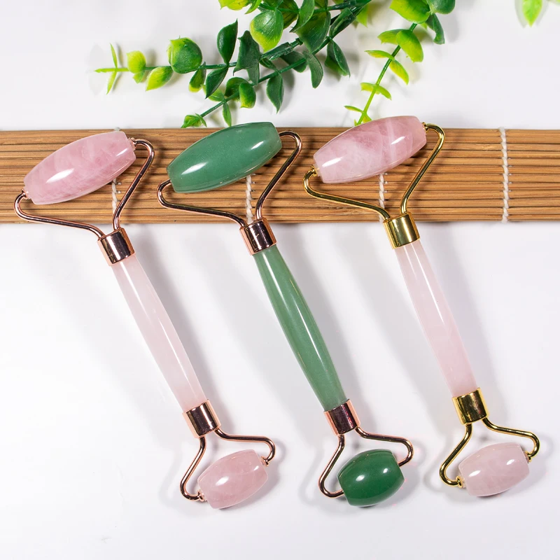 Массажный ролик с двойной головкой 1 шт. натуральный розовый кристалл кварц