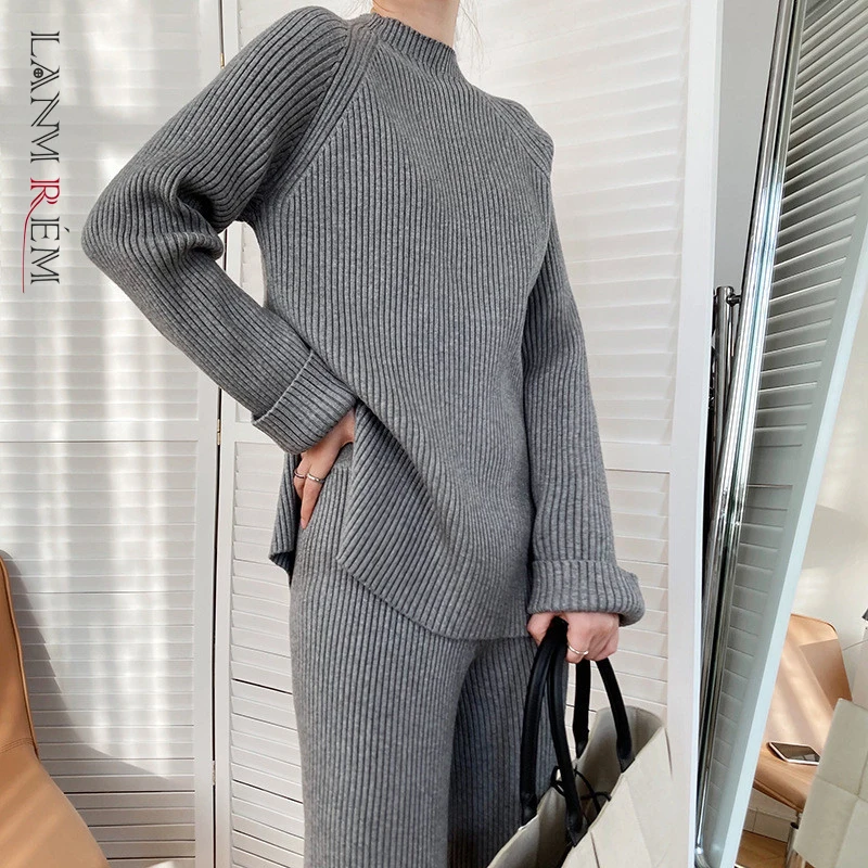 

LANMREM 2022 Winter New Female Warm Split Striped Sweater Top Knitted Wide Leg Pants Two Piece Set Women Fashion Outwear 2W785