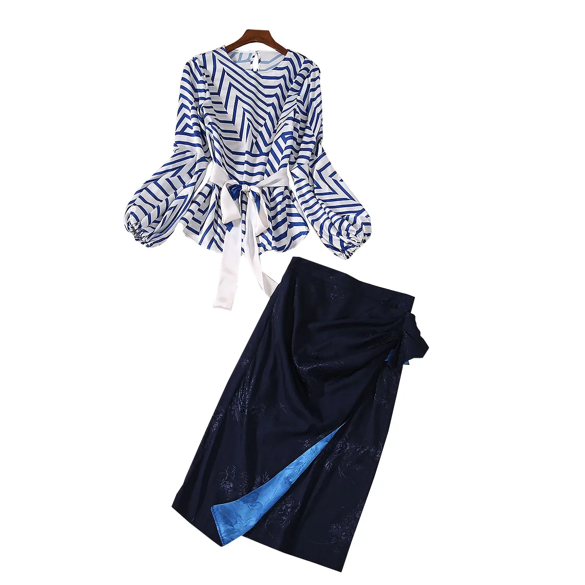 

JCHB 2021 temperament women's spring and autumn new round neck Lantern Sleeve Striped Top High Waist split skirt suit