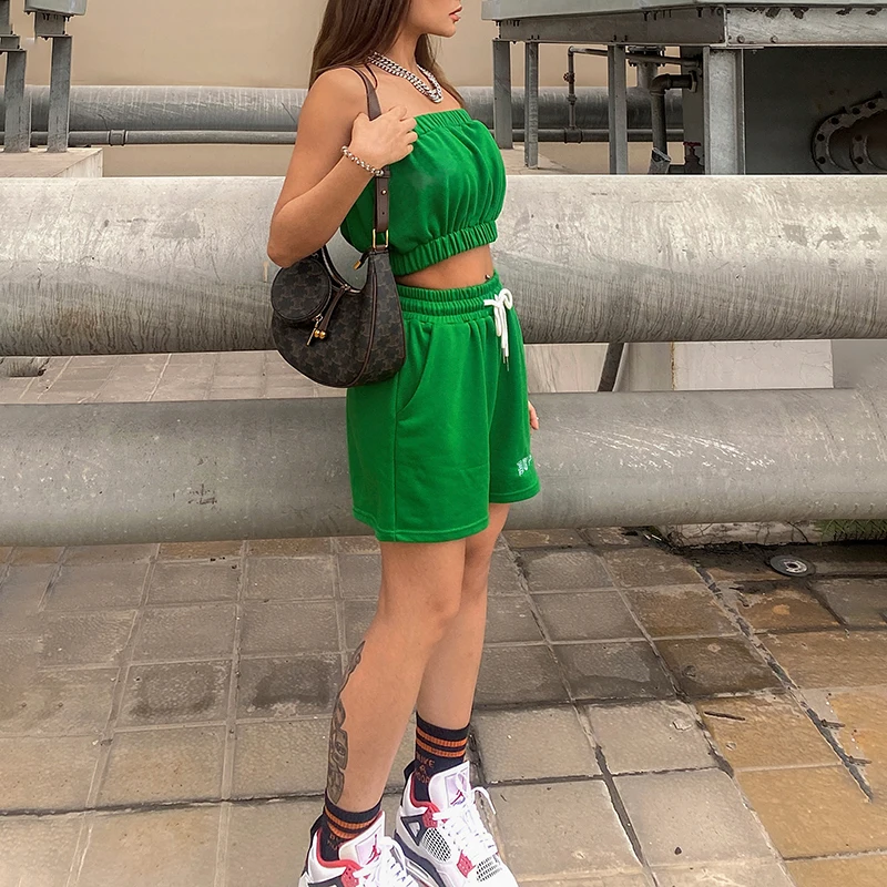 

Darlingaga Streetwear Green Letter Embroidery Tracksuit Women Summer Two Piece Set Casual Tube Top and Shorts Sportswear Outfits
