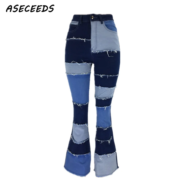 Женские винтажные джинсы бойфренды синие брюки клеш в стиле пэчворк с