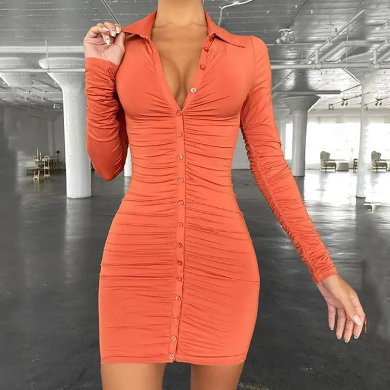 

New Autumn Casual Women's Dresses Vintage Bodycon Single-breasted Summer Dress Simply Ruched Women's Clothing 2021