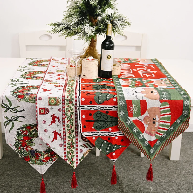 

Cloth Table Runners Christmas Decoration Party for Dinning Table Runner with Tassels Santa Claus Xmas Tree Deer Hotel Home Decor