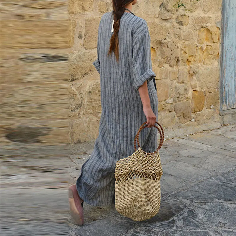 

Ladies Dress Long Sleeves Striped Long Maxi Boho Dress for Summer NFE99